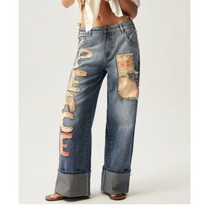 Women’s Blue Denim Patchwork 'PEACE' Wide-Leg Jeans